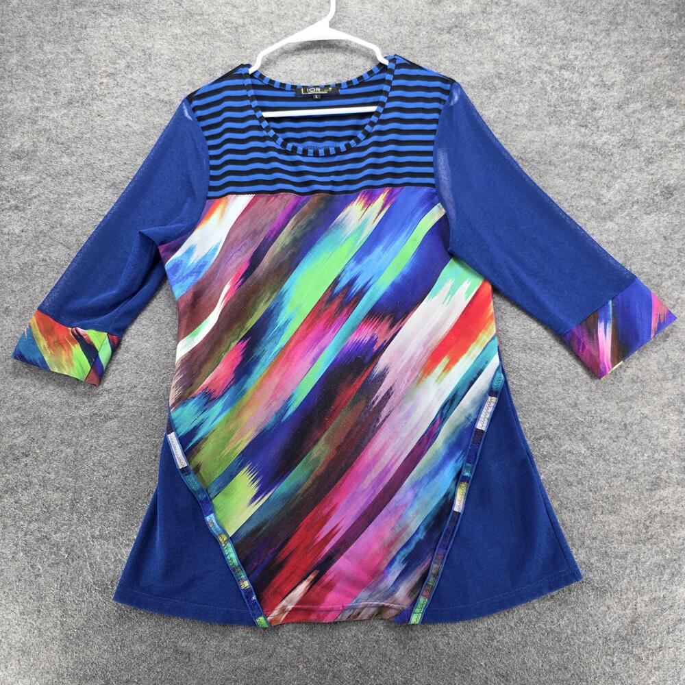 Lior Paris Shirt Womens Large Blue Multicolor Tunic 3/4 Sleeve Abstract LS-8377